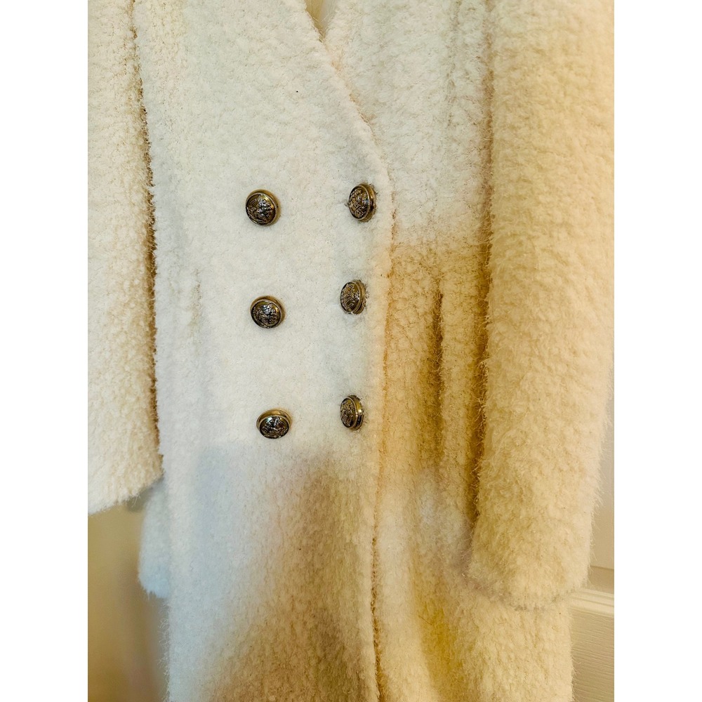 Eliya Cream Bouclé Teddy Coat Double Breasted Puff Shoulder Crest Buttons‎ small